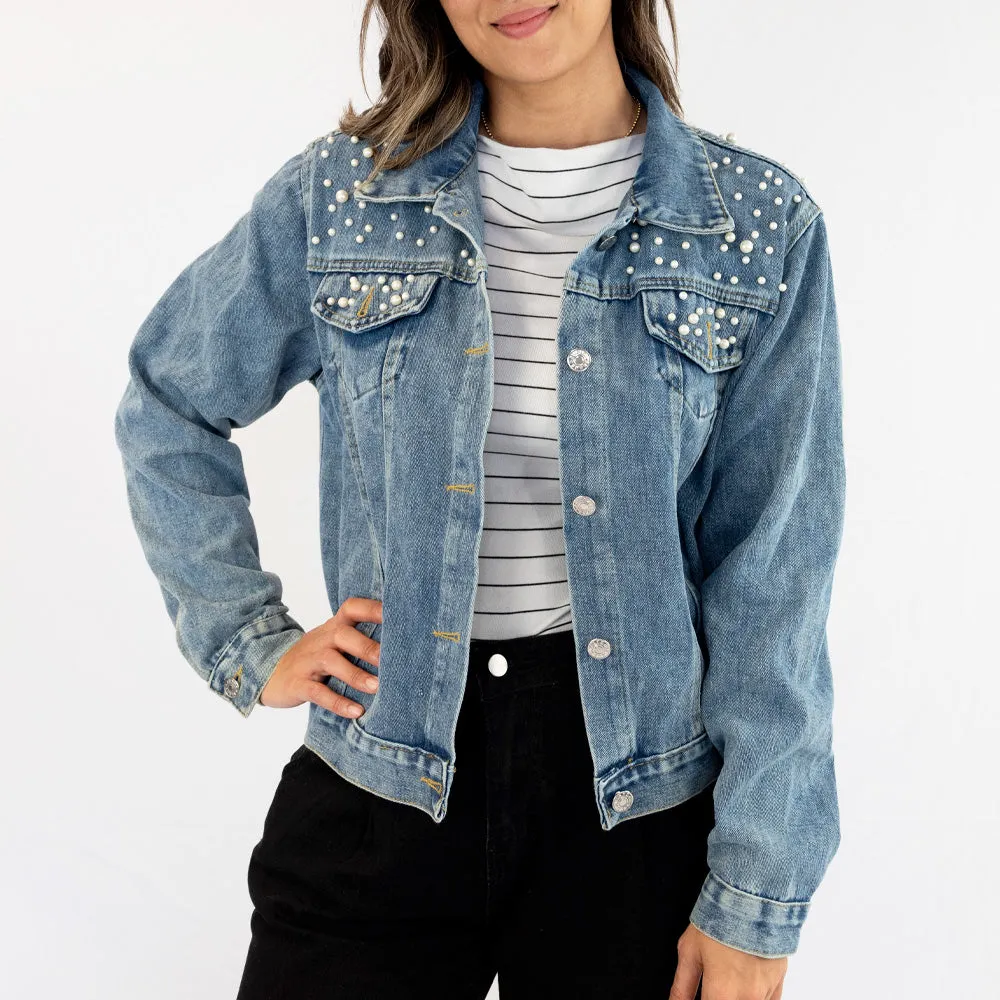 (Blue Pearl) Diamond Ring Bridal Denim Jacket