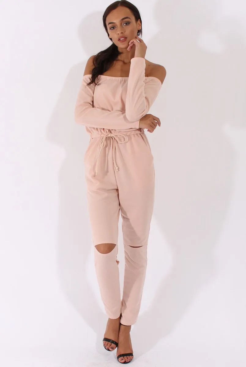 Blush Bardot Split Knee Jumpsuit - Coran