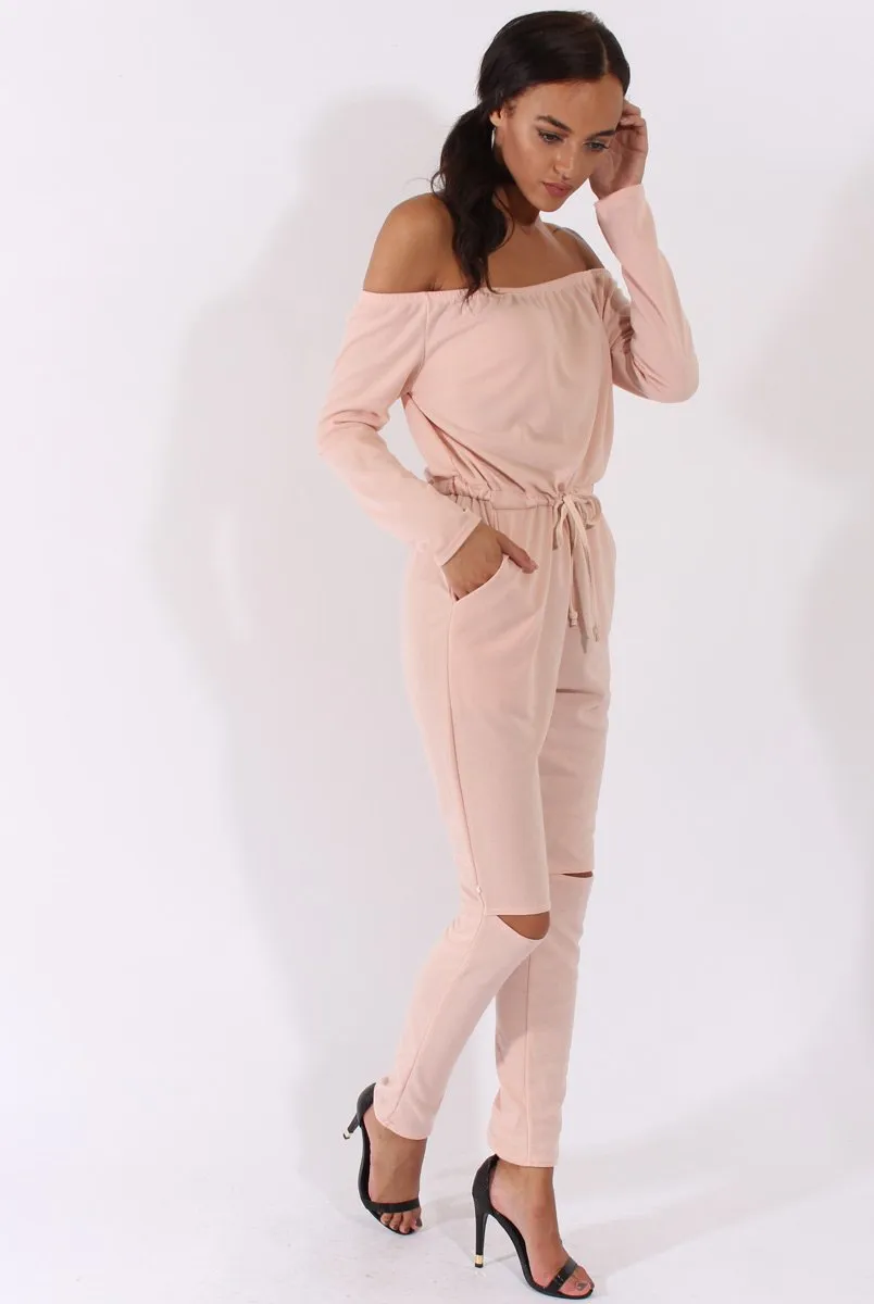 Blush Bardot Split Knee Jumpsuit - Coran