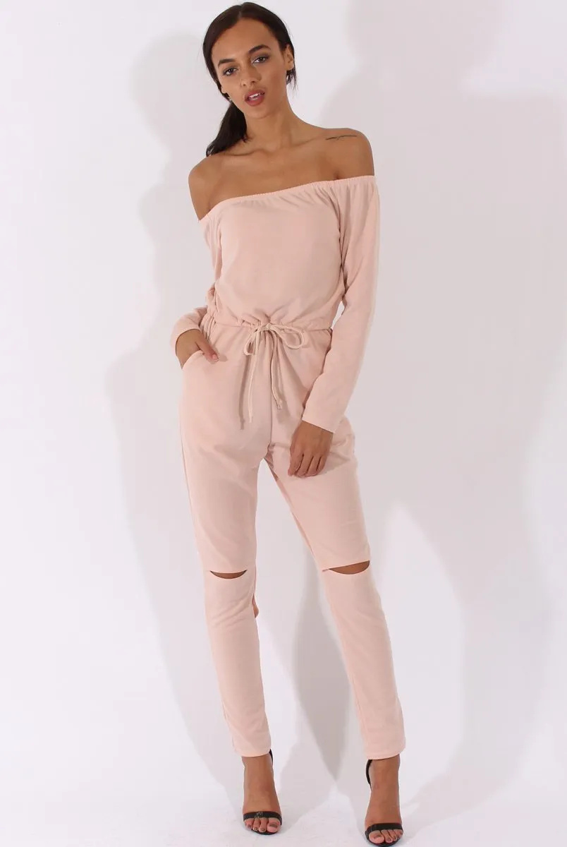 Blush Bardot Split Knee Jumpsuit - Coran