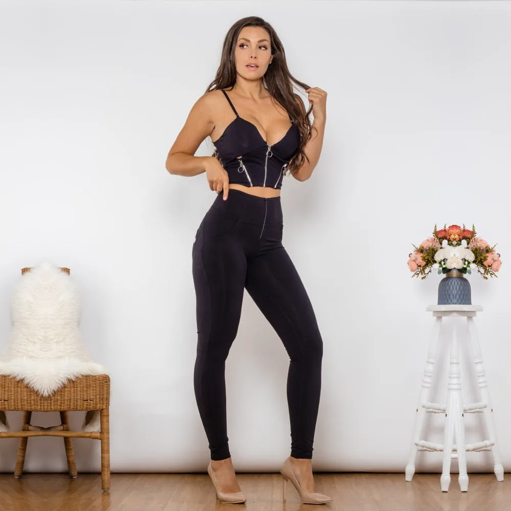 Body Shaper Set Black Cotton Zipper Push Up Top High Waist Butt Lift Leggings Elegant Women's Sets