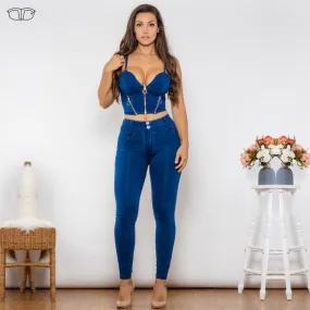 Bodysuit Dark Blue Denim Zipper Body Shaper Middle Waist Butt Lift Jeans Set of Two Fashion Pieces for Women