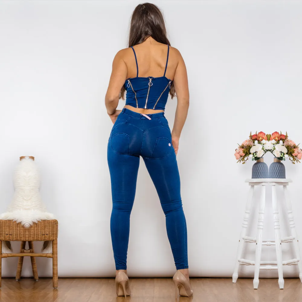 Bodysuit Dark Blue Denim Zipper Body Shaper Middle Waist Butt Lift Jeans Set of Two Fashion Pieces for Women