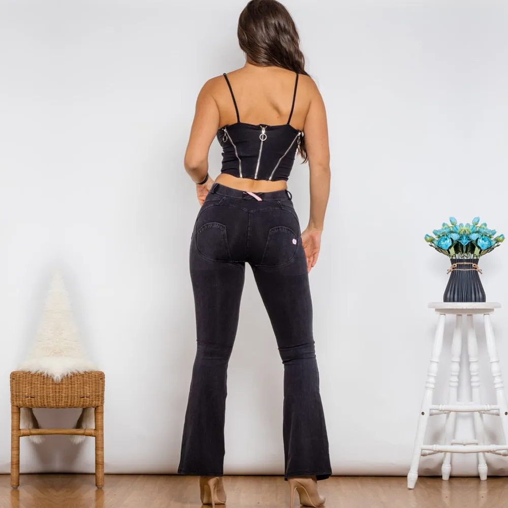 Bodysuit Push Up Top Black Denim Zipper Crop Top Middle Waist Flare Jeans Two Piece Sets Womens Shaper Set