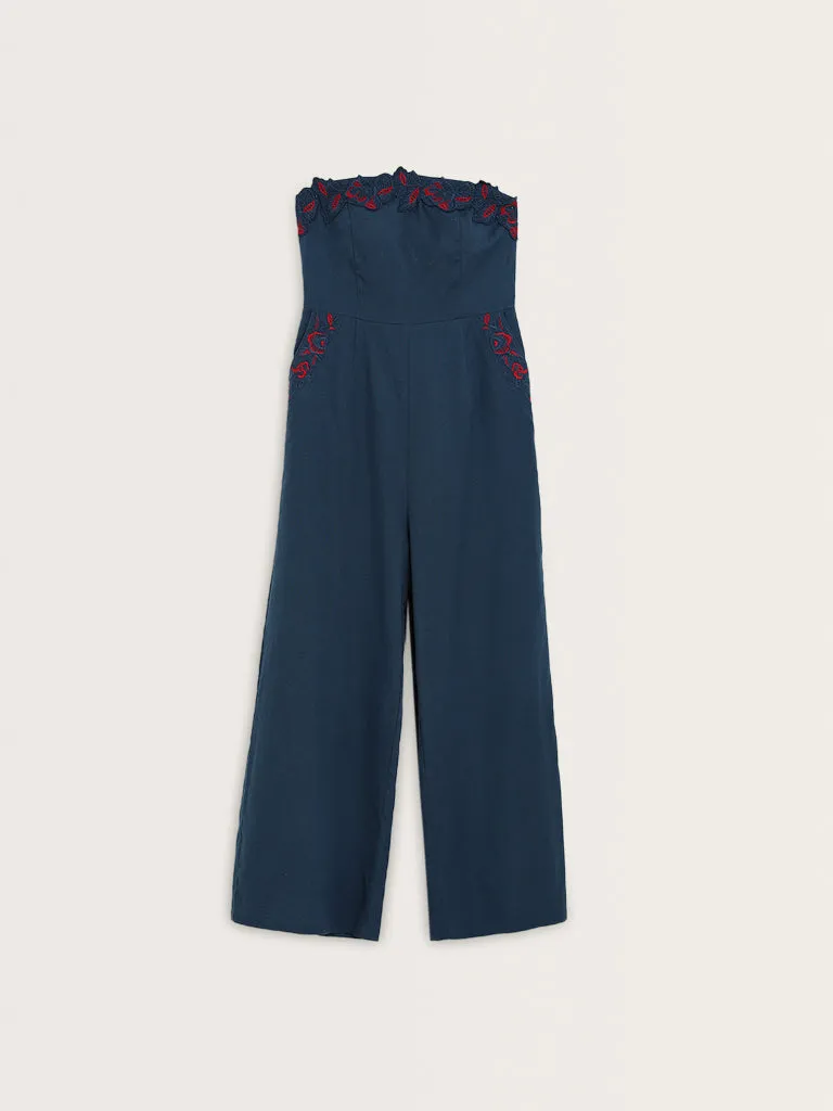 Bombay Paisley Navy Embroidered Cotton Blend Jumpsuit