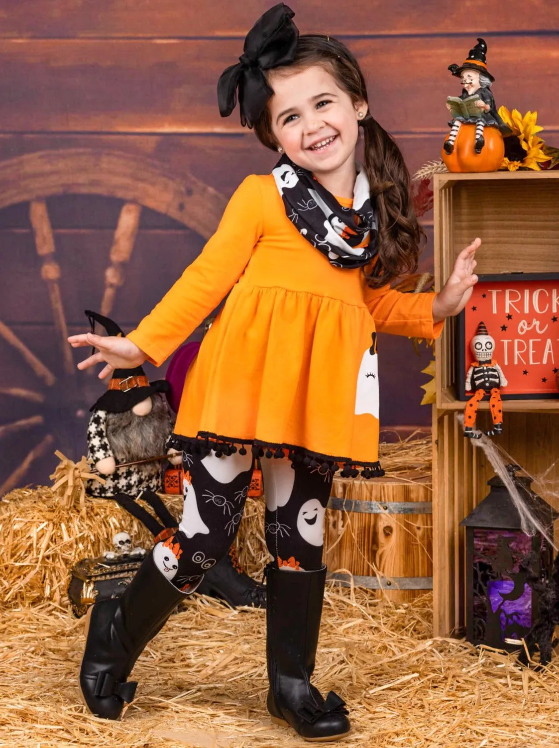 Boo Tribe Long Sleeve Pom Pom Tunic, Leggings and Scarf Set