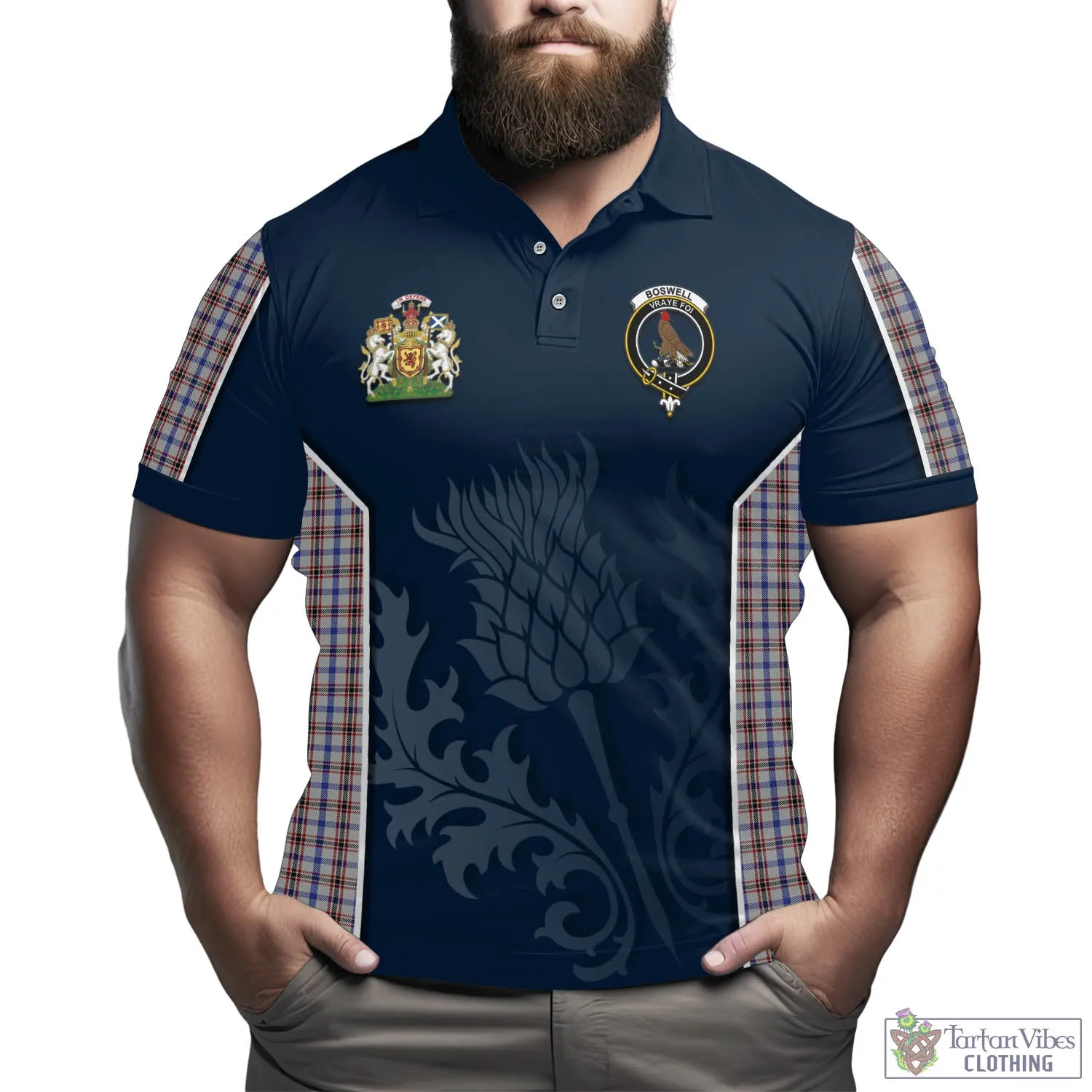 Boswell Tartan Men's Polo Shirt with Family Crest and Scottish Thistle Vibes Sport Style