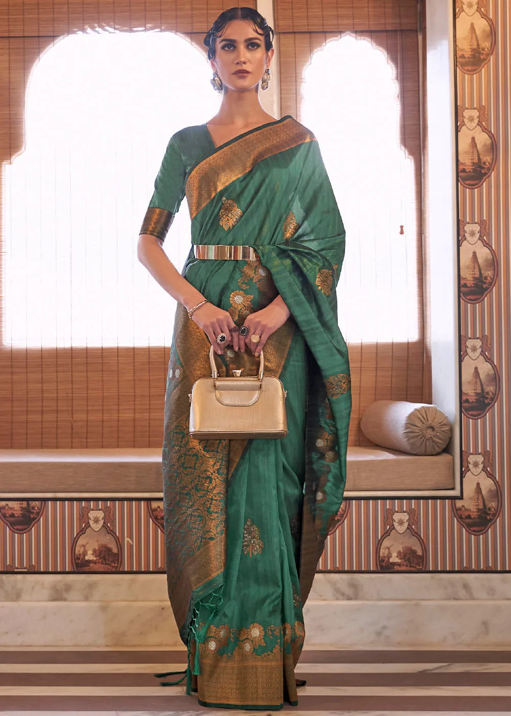 Bottle Green Copper Zari Woven Tussar Silk Saree