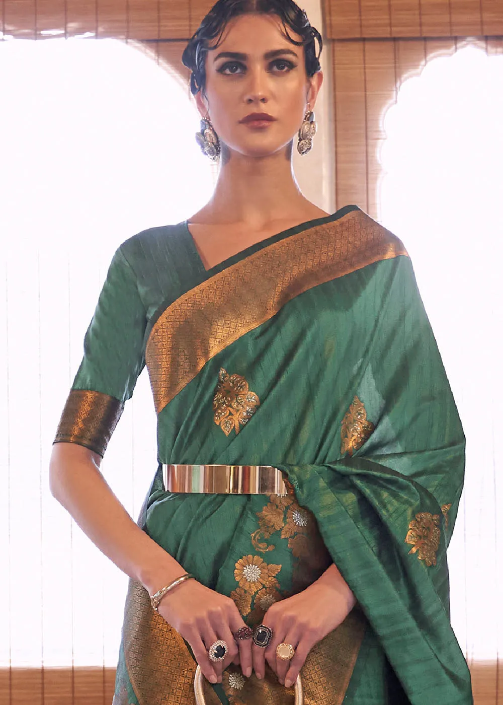 Bottle Green Copper Zari Woven Tussar Silk Saree