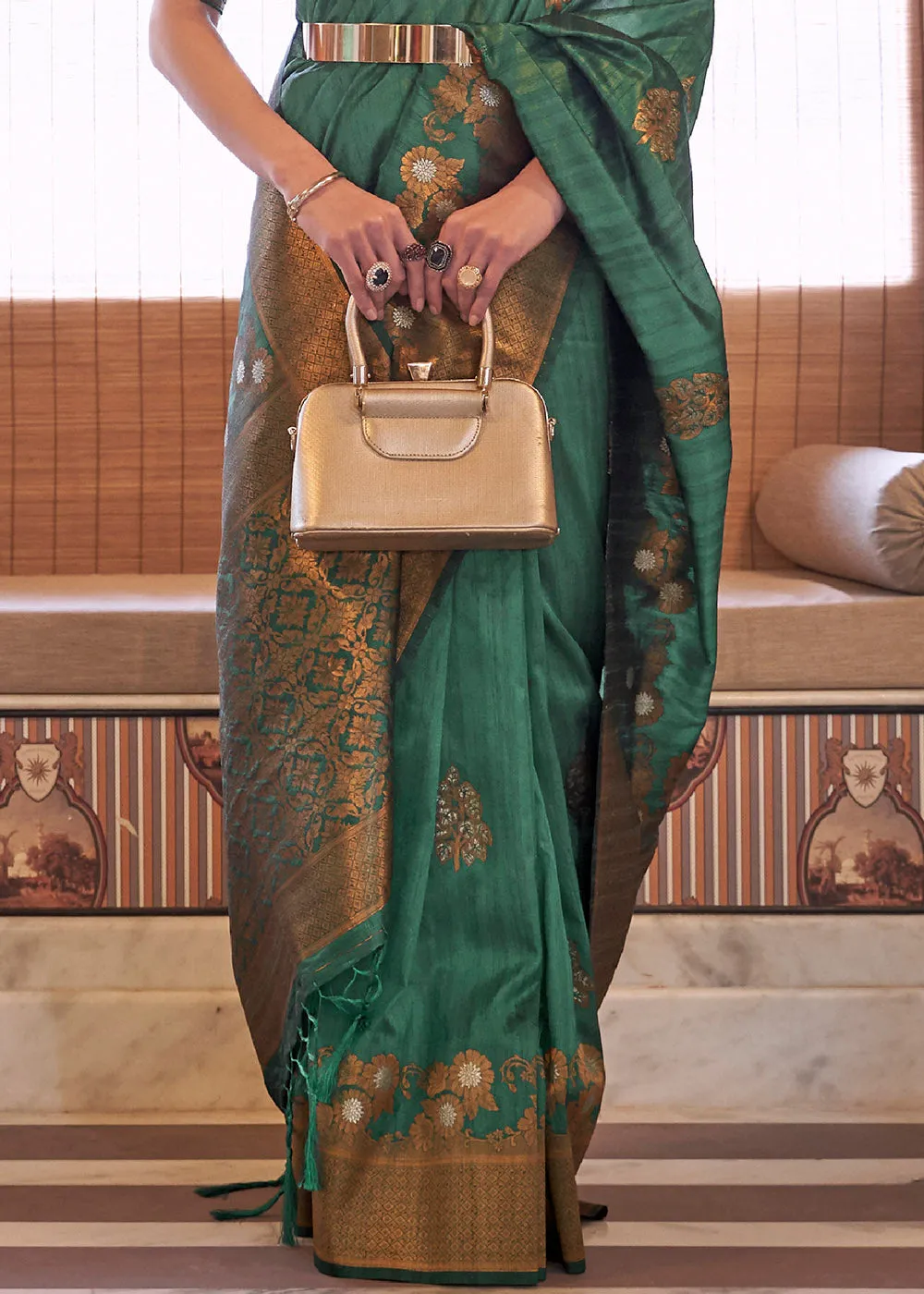 Bottle Green Copper Zari Woven Tussar Silk Saree