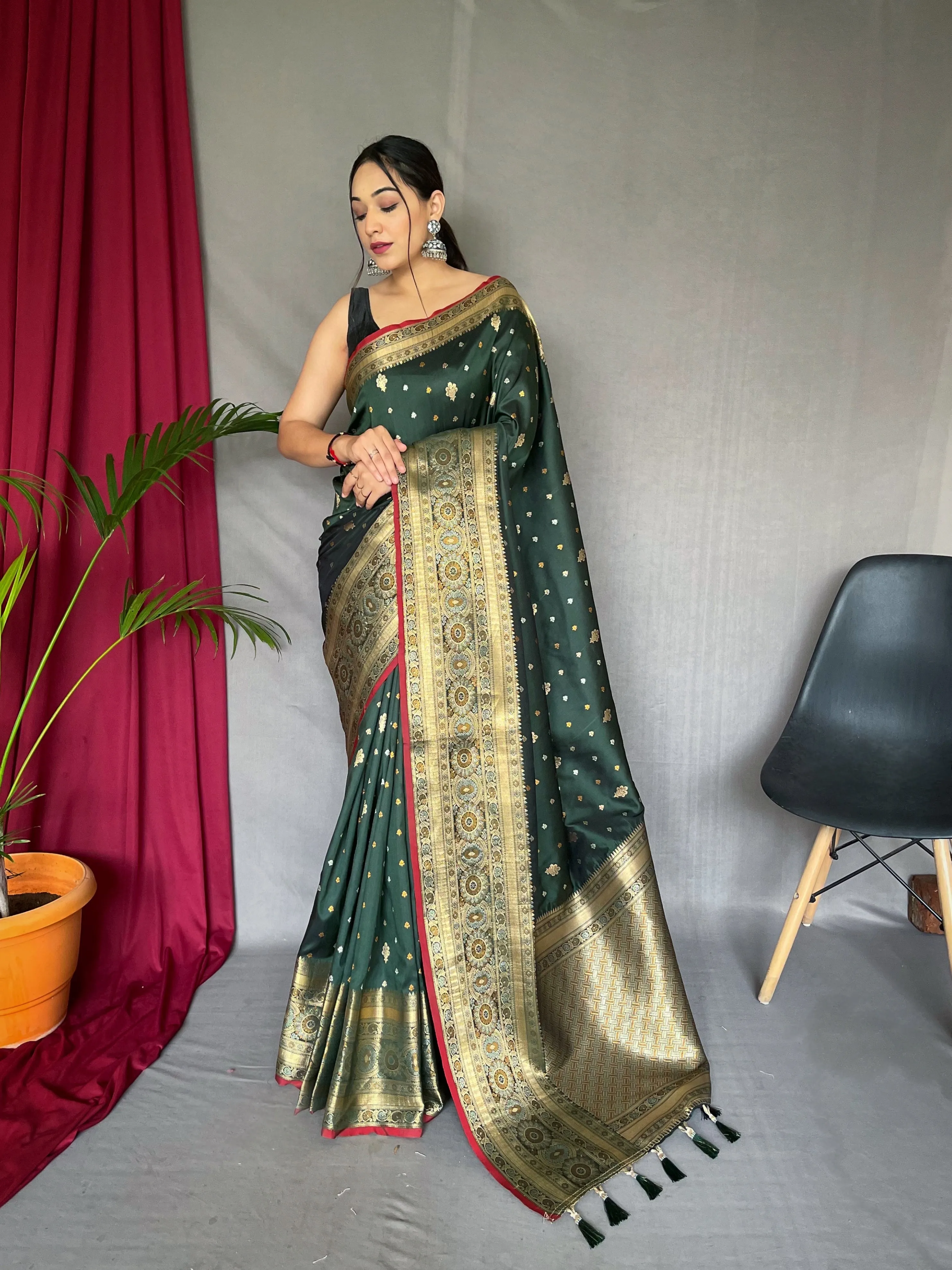 Bottle Green Saree in Aarohi Soft Silk Multi Color Zari Woven