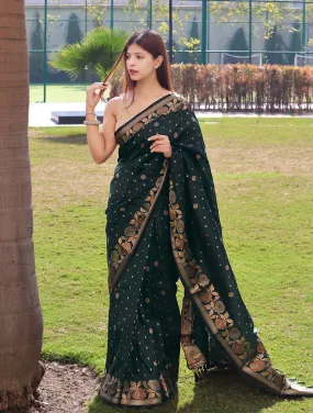 Bottle Green Saree in Silk with Floral Border and Pallu