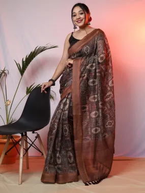 Brown Printed Saree with Copper Zari Woven Border