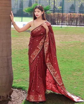 Brown Saree in Soft Silk with Floral Woven Border and Pallu