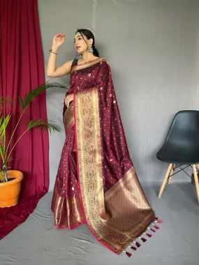 Brownish Maroon Saree in Soft Silk Multi Color Zari Woven