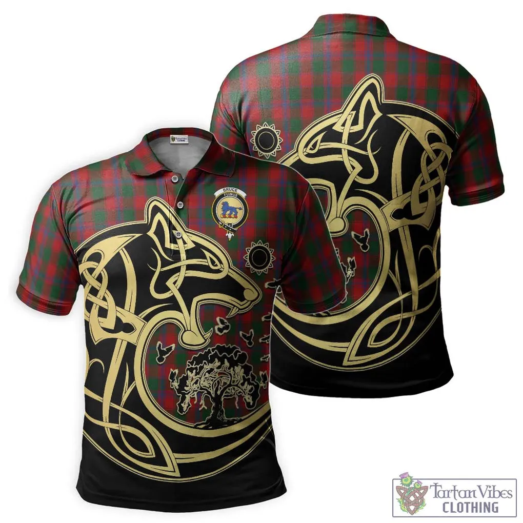 Bruce Old Tartan Polo Shirt with Family Crest Celtic Wolf Style