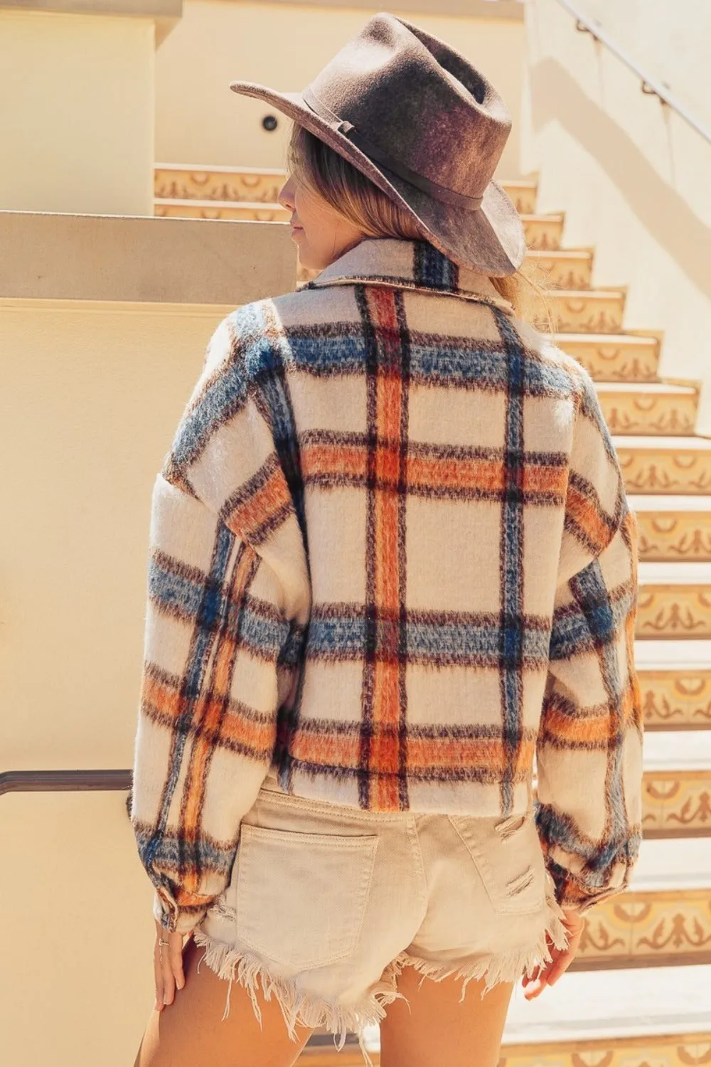 Brushed Plaid Crop Jacket with Pockets