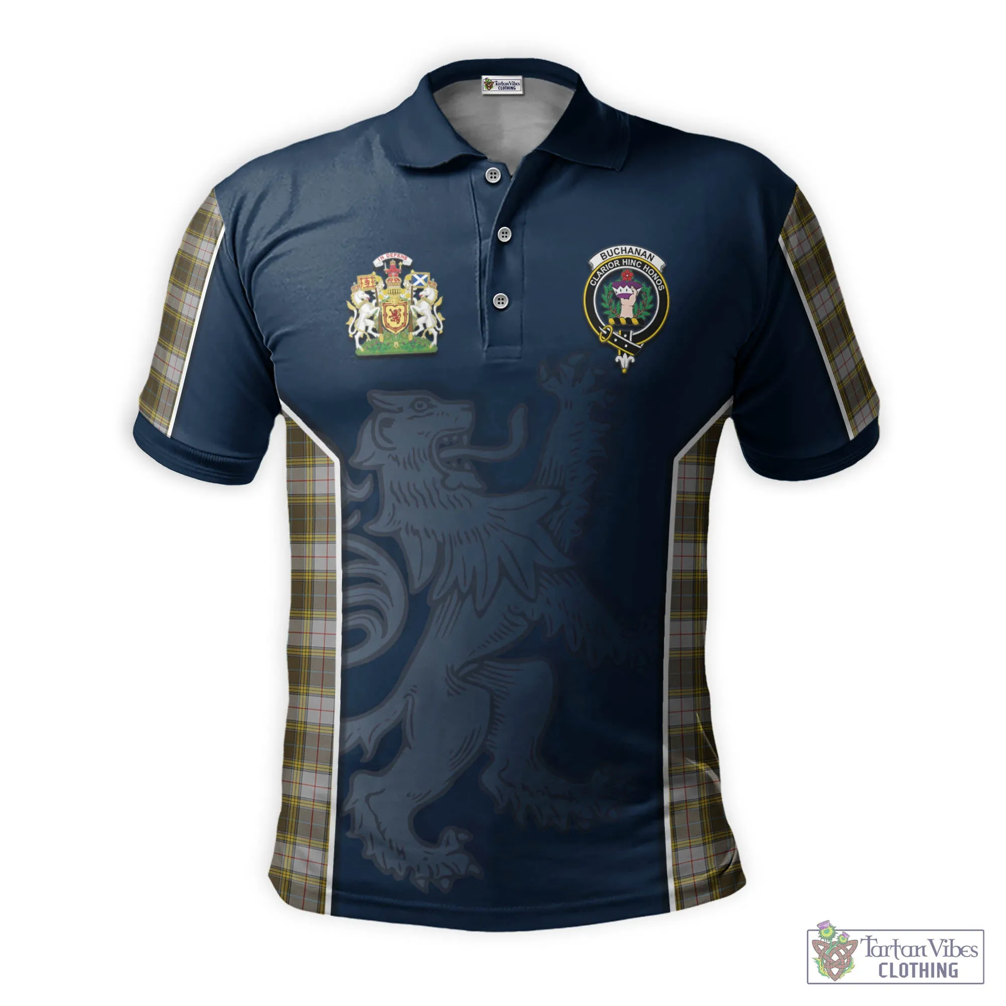 Buchanan Dress Tartan Men's Polo Shirt with Family Crest and Lion Rampant Vibes Sport Style