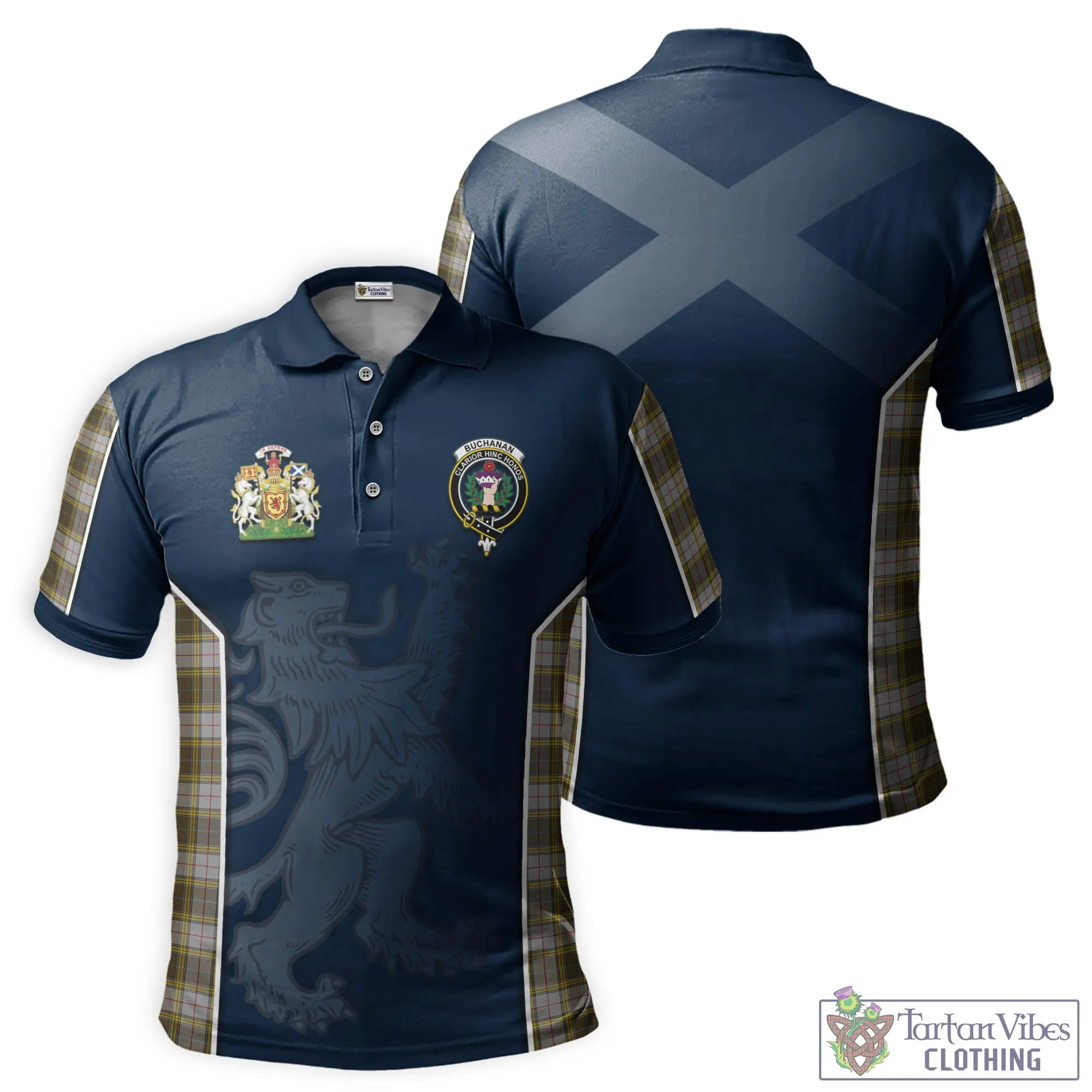 Buchanan Dress Tartan Men's Polo Shirt with Family Crest and Lion Rampant Vibes Sport Style