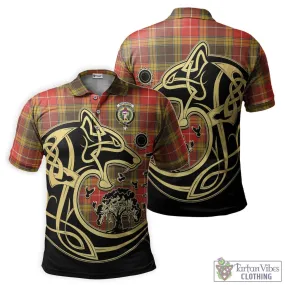 Buchanan Old Set Weathered Tartan Polo Shirt with Family Crest Celtic Wolf Style