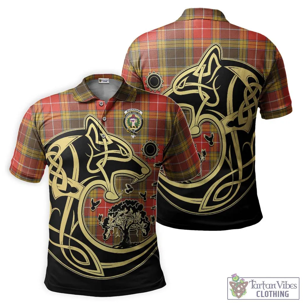 Buchanan Old Set Weathered Tartan Polo Shirt with Family Crest Celtic Wolf Style