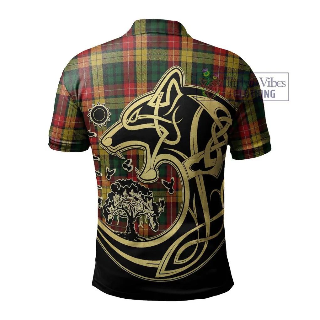 Buchanan Tartan Polo Shirt with Family Crest Celtic Wolf Style