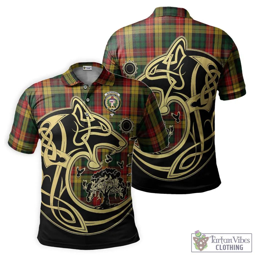 Buchanan Tartan Polo Shirt with Family Crest Celtic Wolf Style