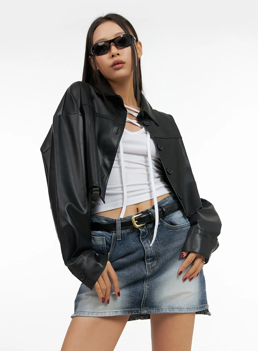 Buttoned Faux Leather Cropped Jacket IS427