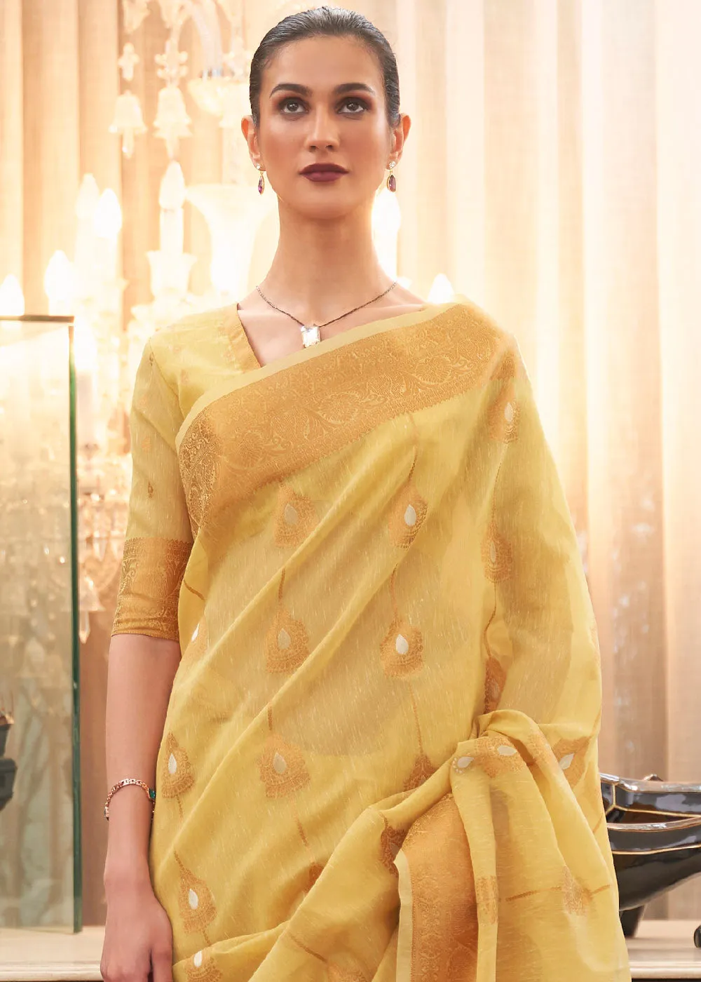 Canary Yellow Copper Zari Woven Linen Silk Saree