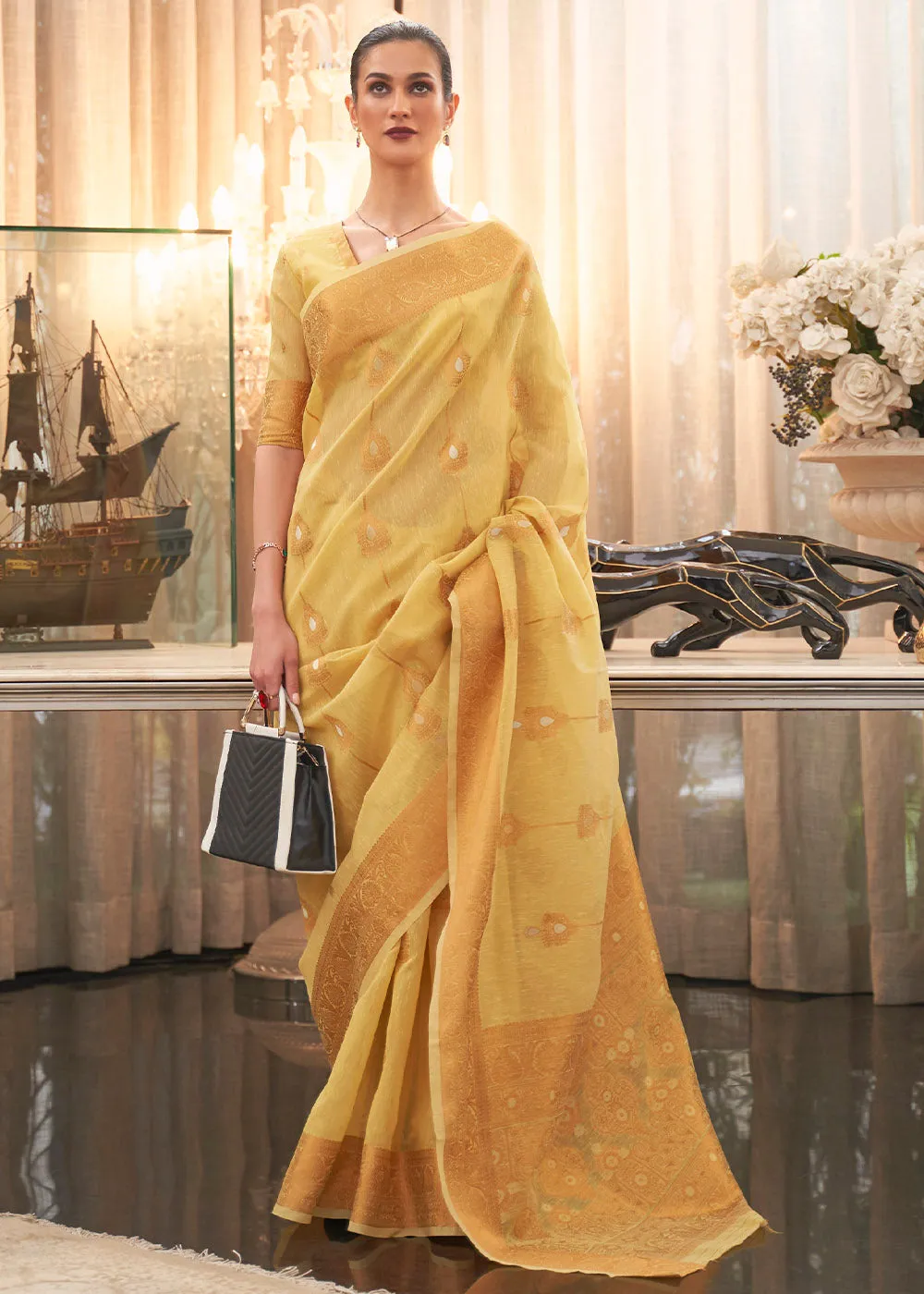 Canary Yellow Copper Zari Woven Linen Silk Saree