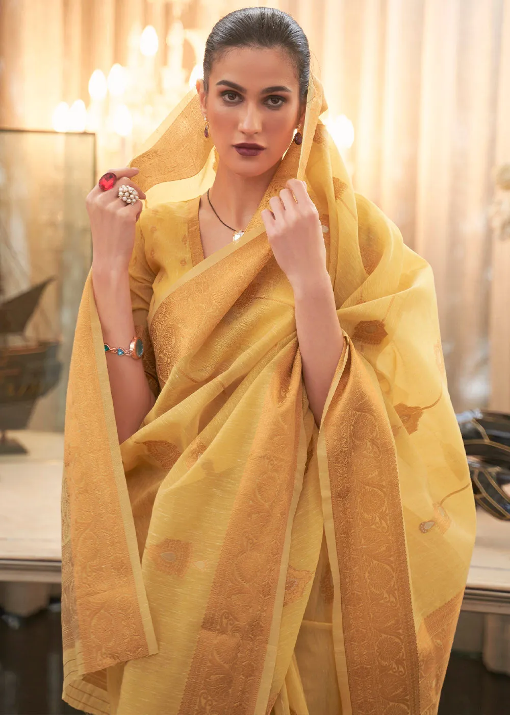 Canary Yellow Copper Zari Woven Linen Silk Saree