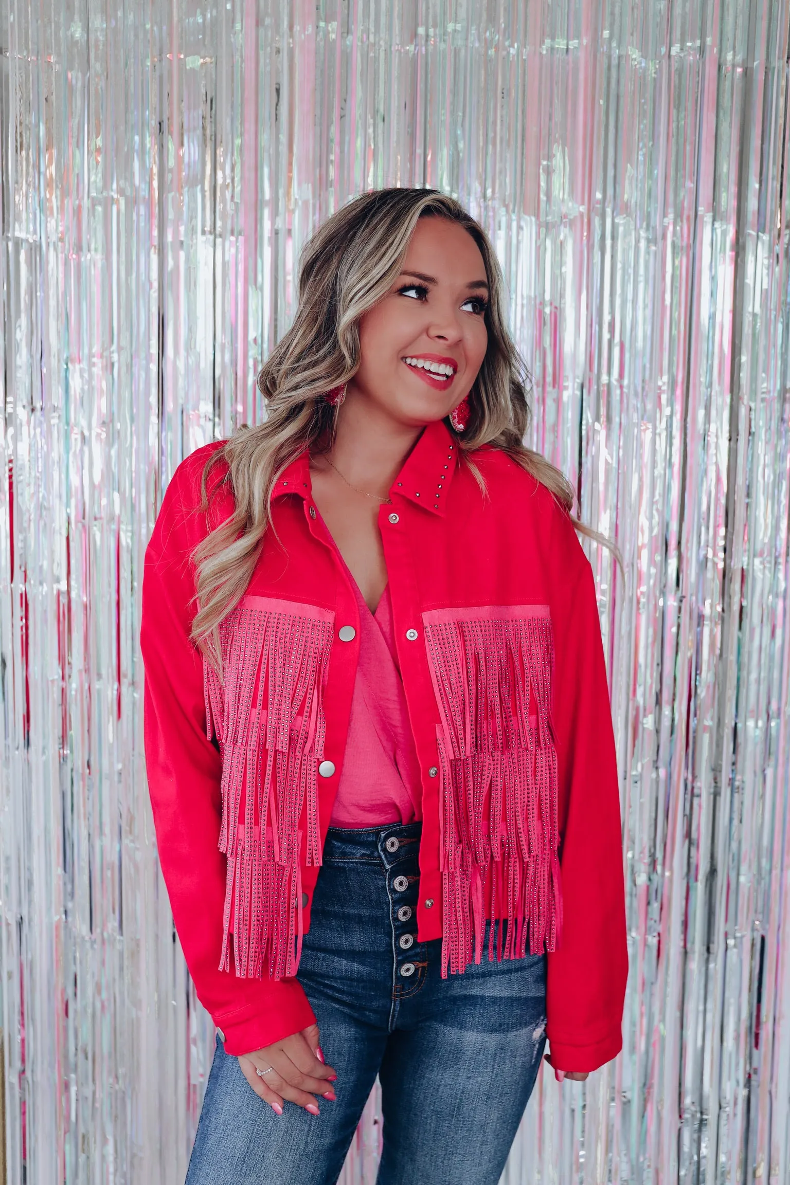 Canyon Fringe Cropped Denim Jacket - Pink