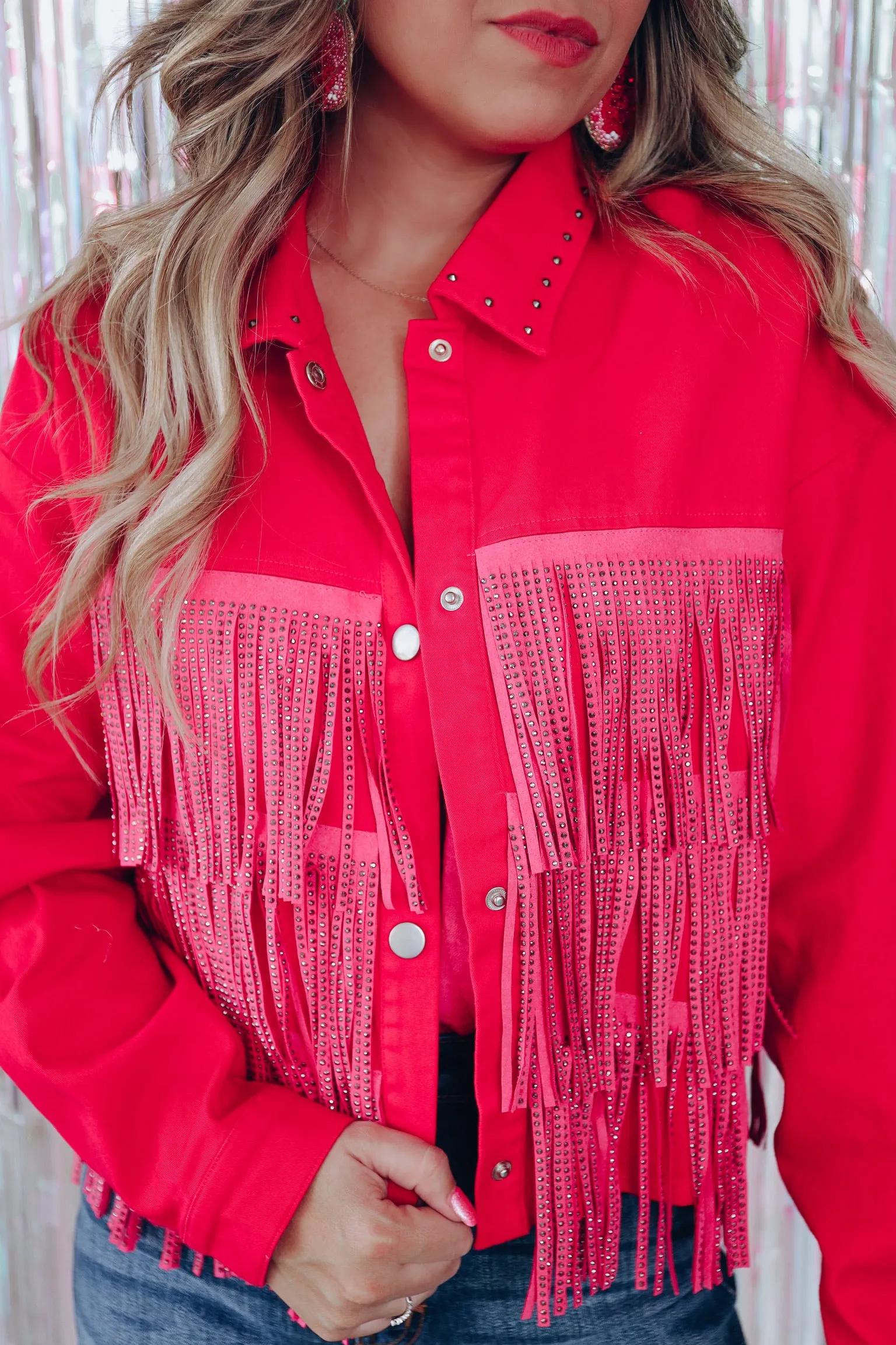 Canyon Fringe Cropped Denim Jacket - Pink