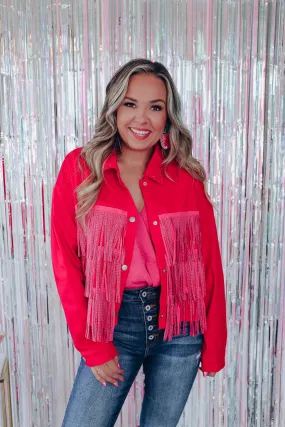 Canyon Fringe Cropped Denim Jacket - Pink