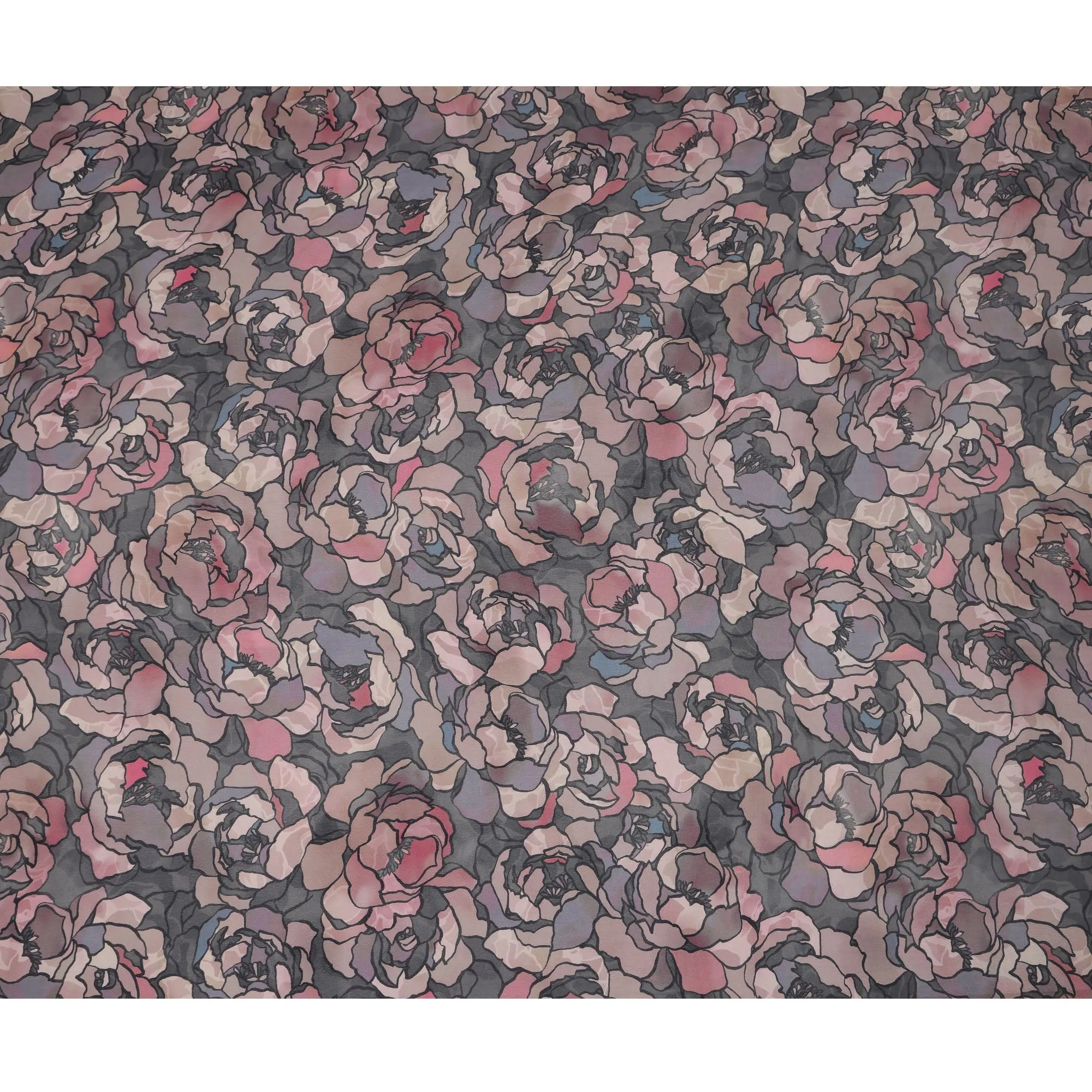 Charcoal Black Viscose Digital Printed Fabric with Abstract Rose Design, 110 cm Width-D21323