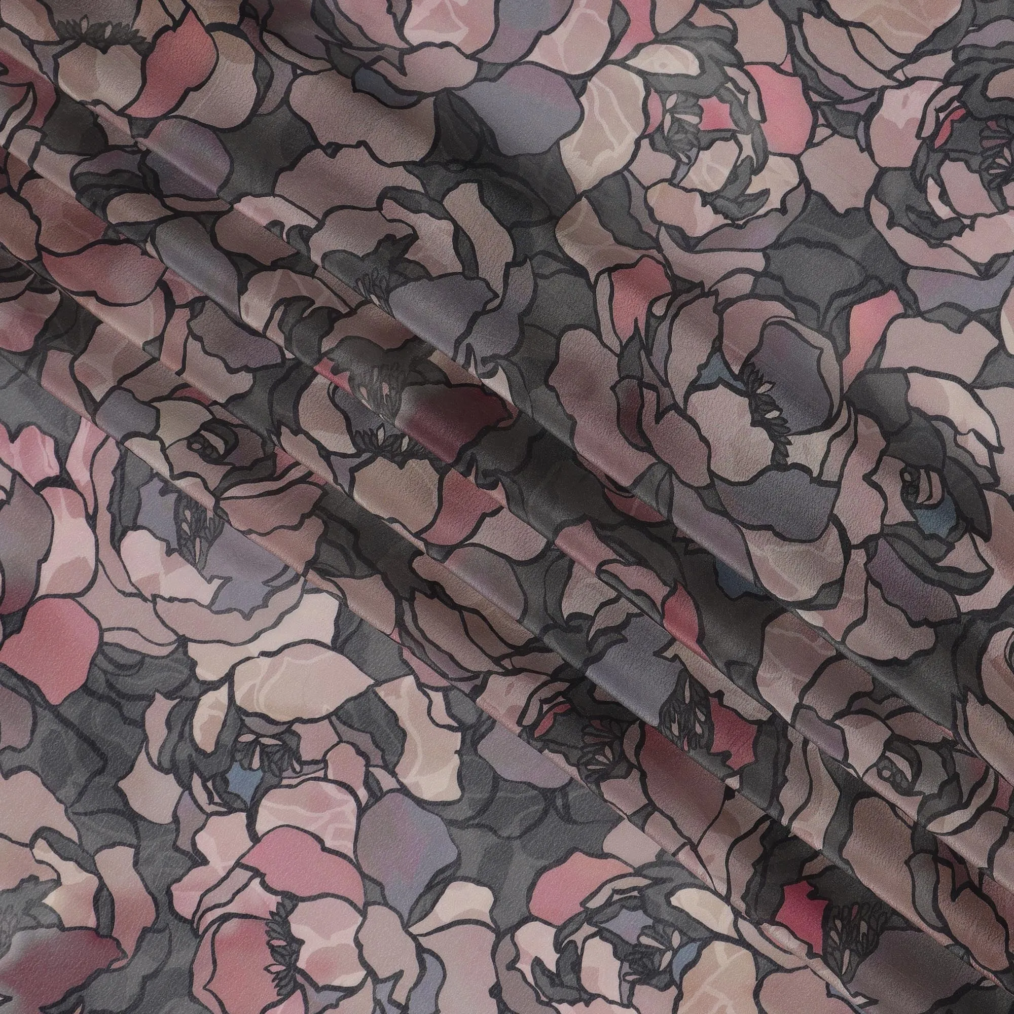 Charcoal Black Viscose Digital Printed Fabric with Abstract Rose Design, 110 cm Width-D21323