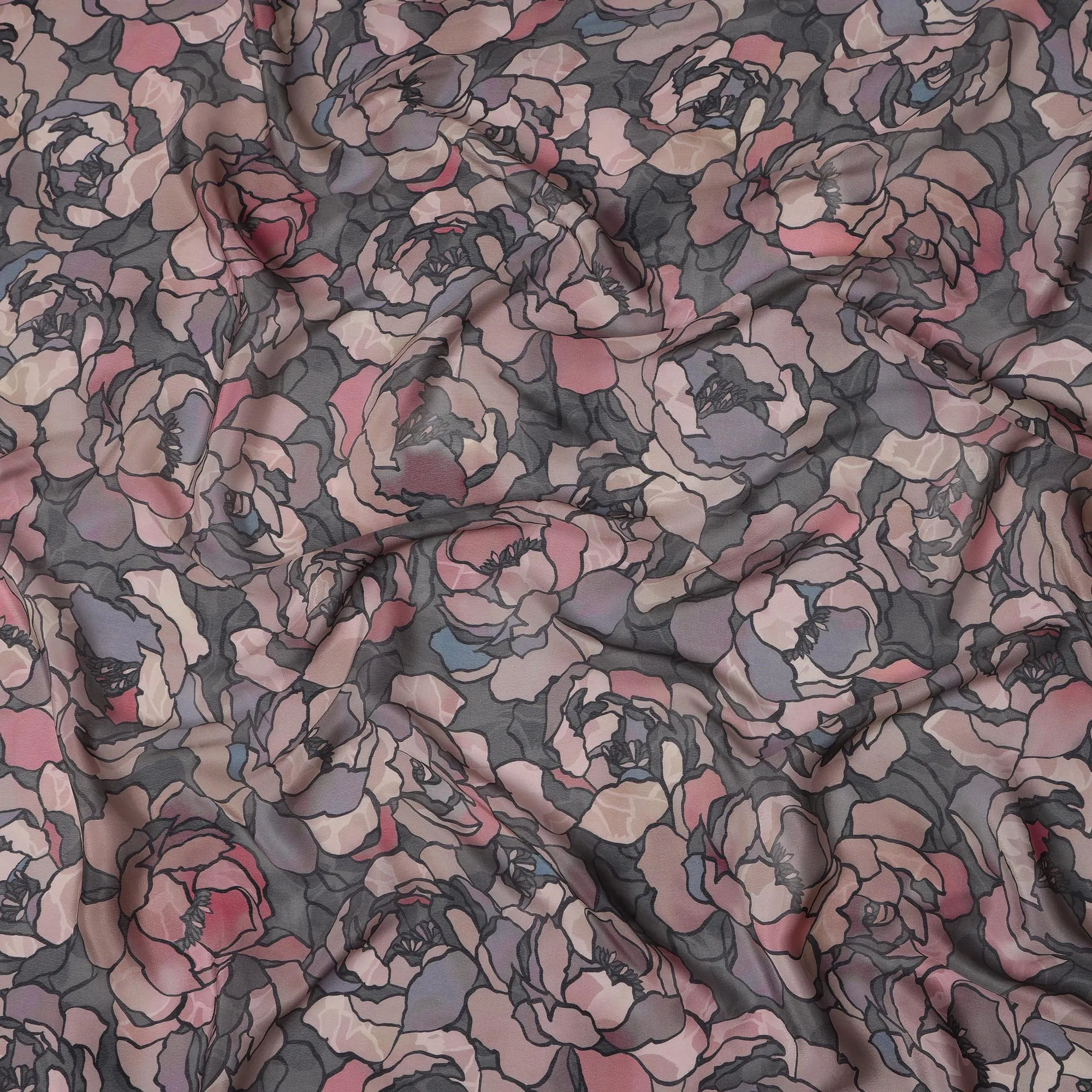 Charcoal Black Viscose Digital Printed Fabric with Abstract Rose Design, 110 cm Width-D21323