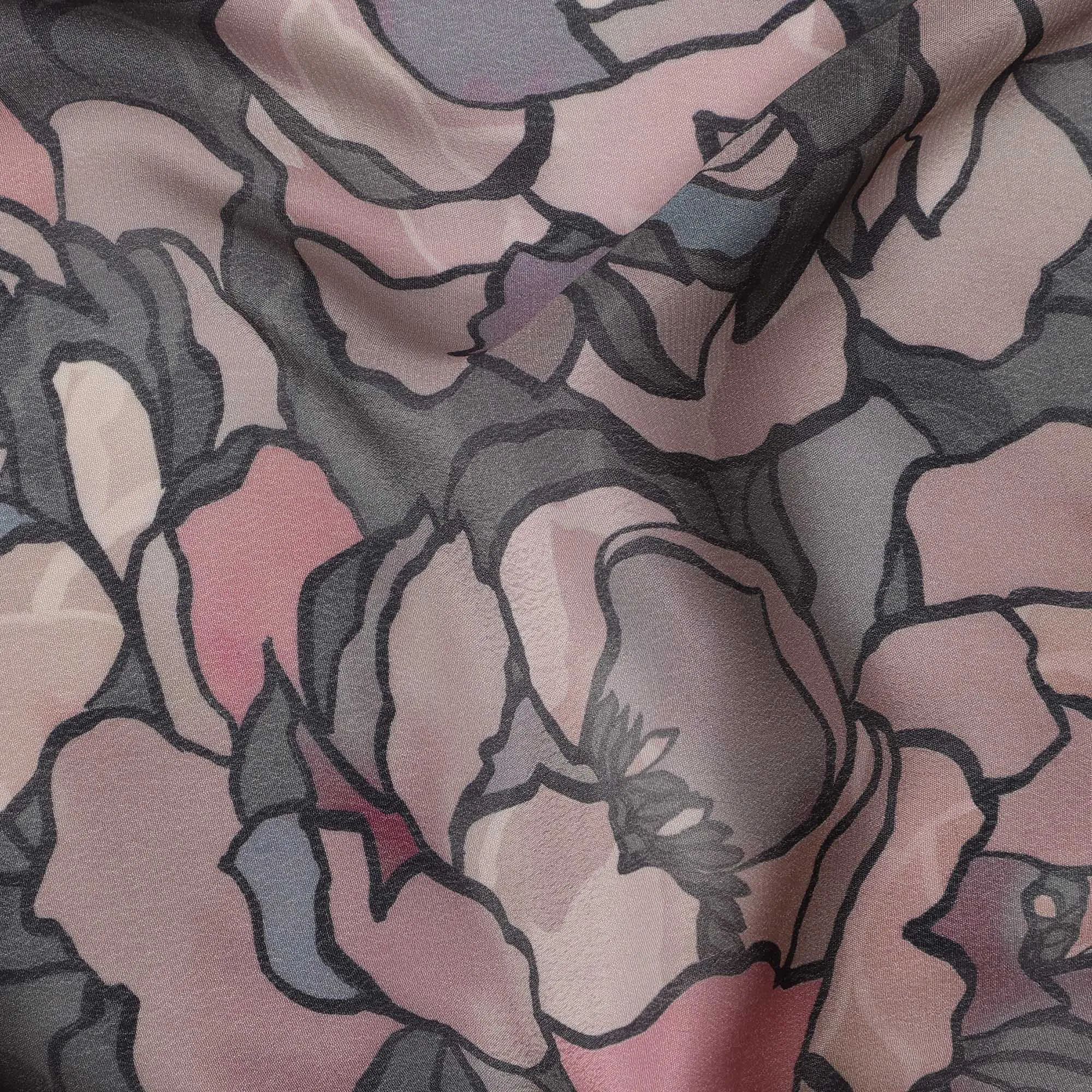 Charcoal Black Viscose Digital Printed Fabric with Abstract Rose Design, 110 cm Width-D21323