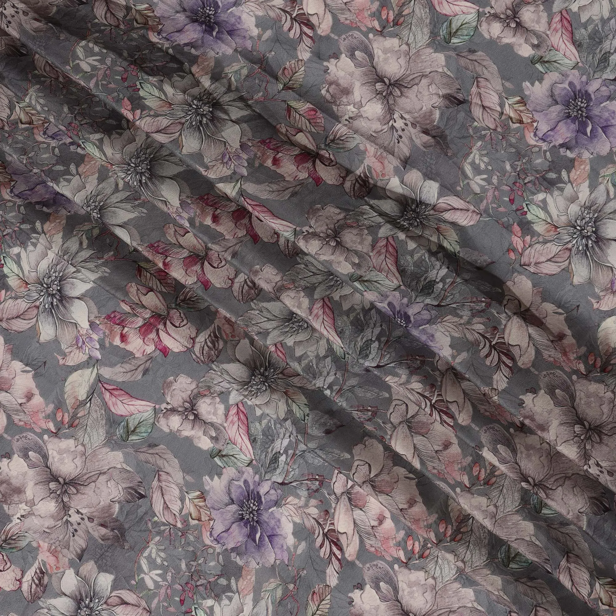 Charcoal Grey Viscose Digital Printed Fabric with Artistic Floral Design, 110 cm Width-D21309