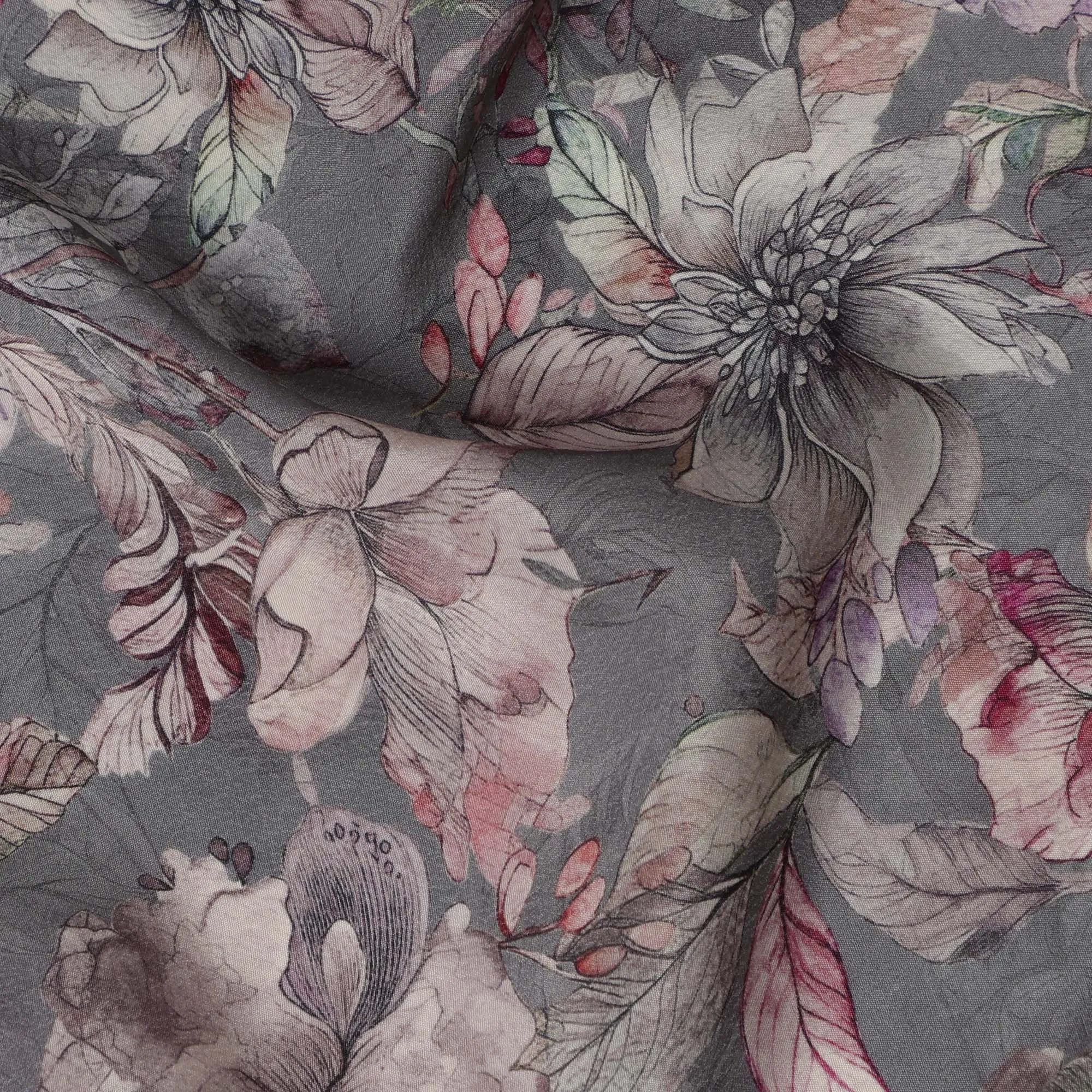 Charcoal Grey Viscose Digital Printed Fabric with Artistic Floral Design, 110 cm Width-D21309