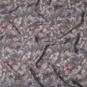 Charcoal Grey Viscose Digital Printed Fabric with Artistic Floral Design, 110 cm Width-D21309