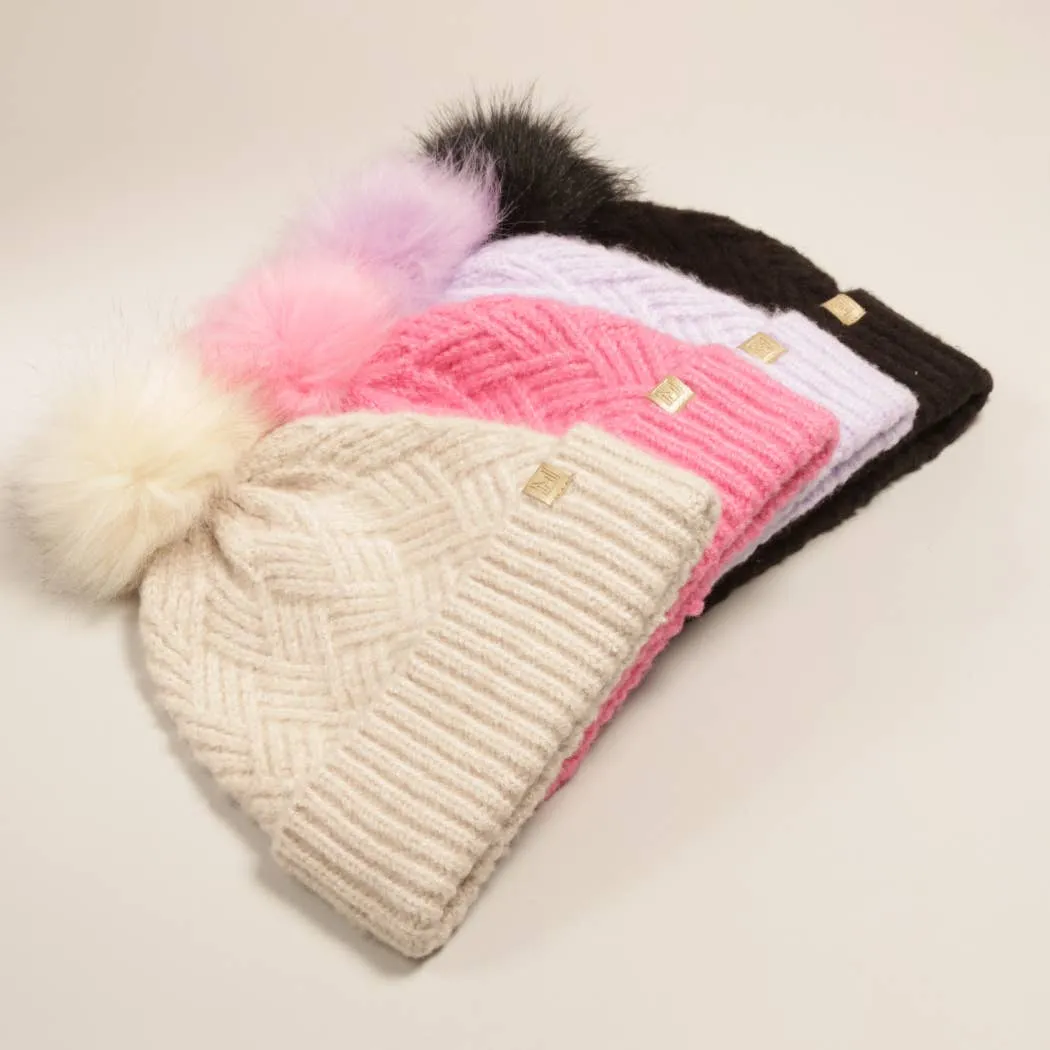 Chevron Knit Cuff Beanie w Faux Fur Pom