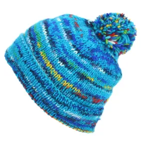 Chunky Wool Knit Beanie Bobble Hat - SD Bright Blue Mix