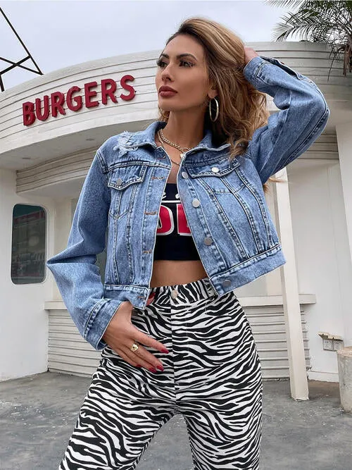 Collared Neck Cropped Denim Jacket