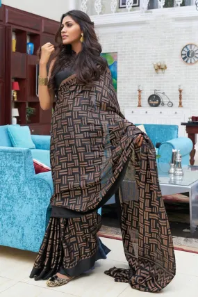 Copper and Black printed Linen Saree