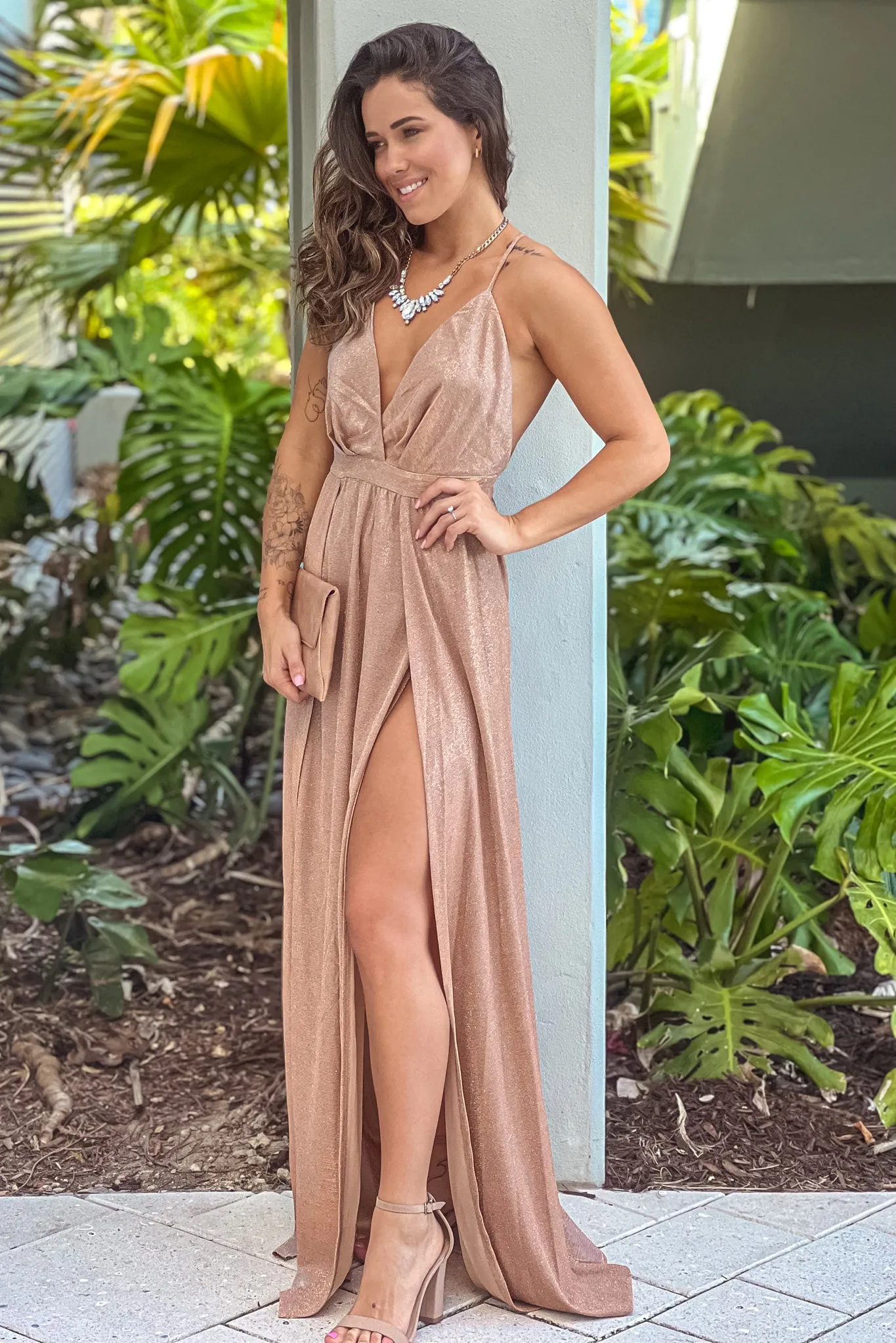 Copper Glitter Maxi Dress With Slits