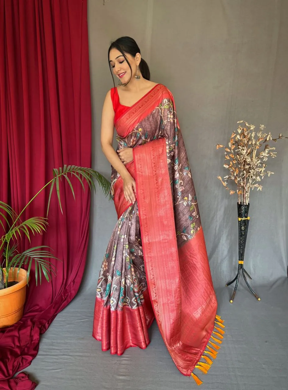 Copper Rose Saree in Banarasi Silk with Kalamkari Prints