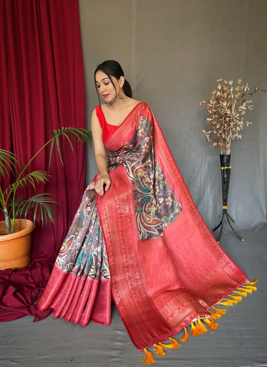 Copper Rose Saree in Banarasi Silk with Kalamkari Prints