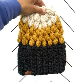 Crochet Puff Stitch Slouch Hat | Charcoal Gray   Mustard   Off White