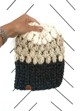 Crochet Puff Stitch Slouch Hat | Charcoal Gray   Oatmeal   Off White